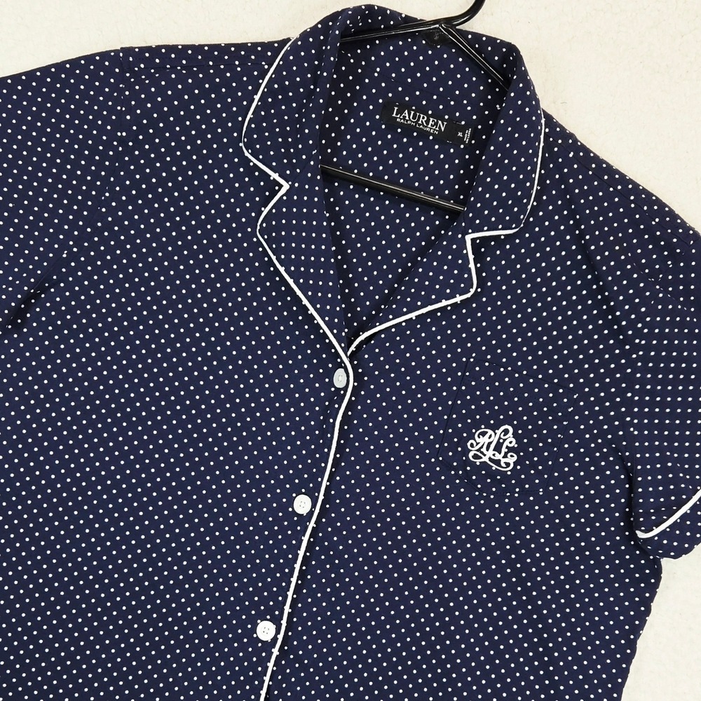 Lauren Ralph Lauren Womens Pajama Top XL Polka Dot Navy Blue Sleep Shirt RLL XL